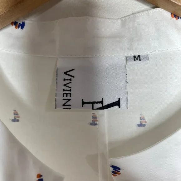 Vivienne Hu Cotton Button Shirt Dress Boat Print with Tie Size M - Picture 6 of 16